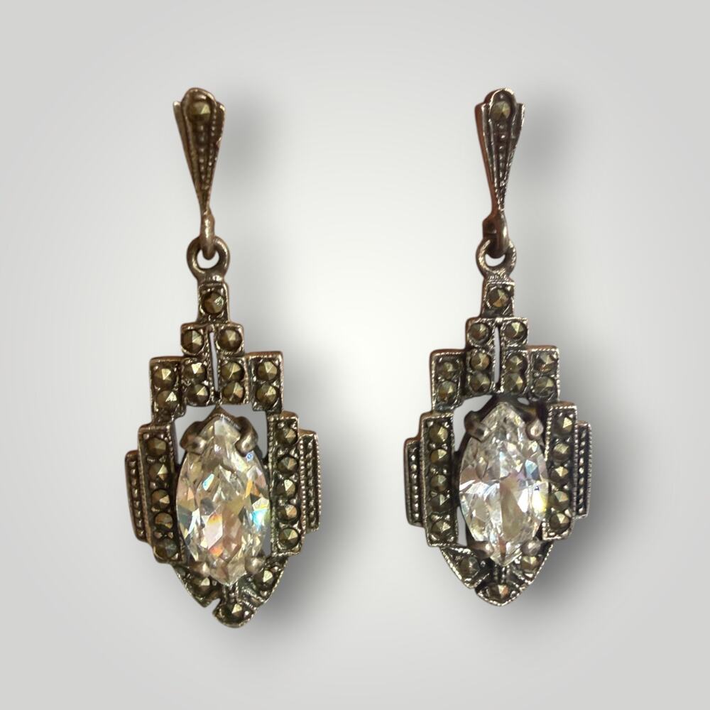 Vintage Art Deco 925 Sterling Silver Marcasite CZ Dangle Drop Earrings